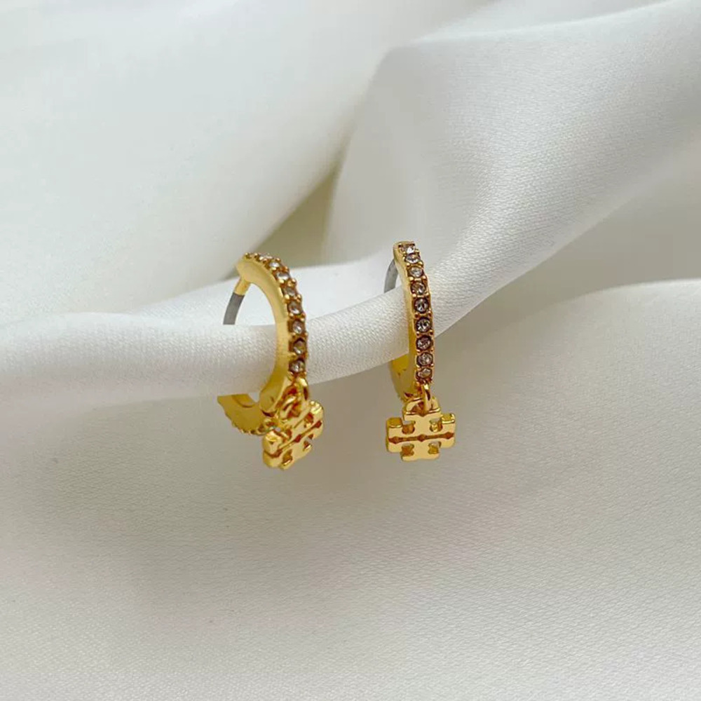 Tory Burch CZ Hoop Earrings with Letter Pendant